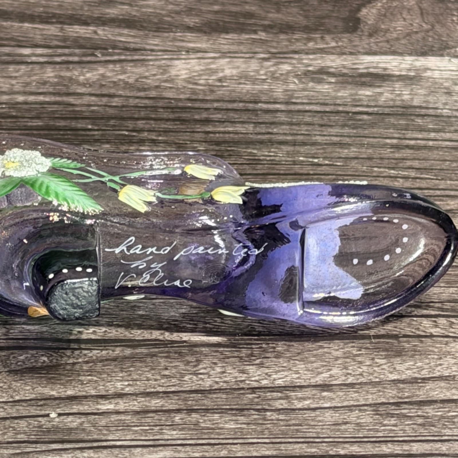 Fenton Art Glass Hand-Painted Purple Shoe W/ Floral Design By V. Elise Collectib - Thumbnail 11