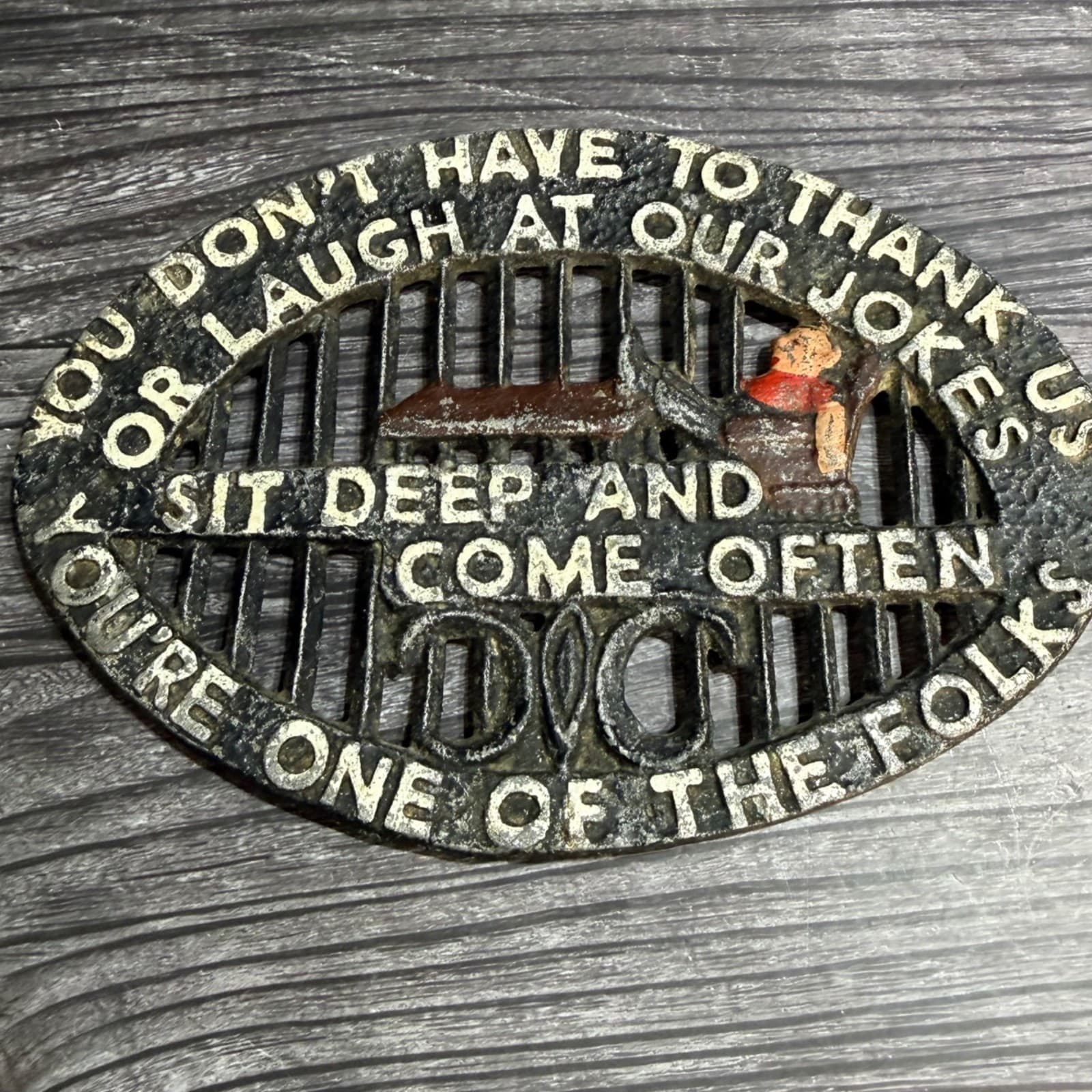 VTG Cast Iron Visitors One of the Folk Humorous Oval Trivet Kitchen Decor Jokes