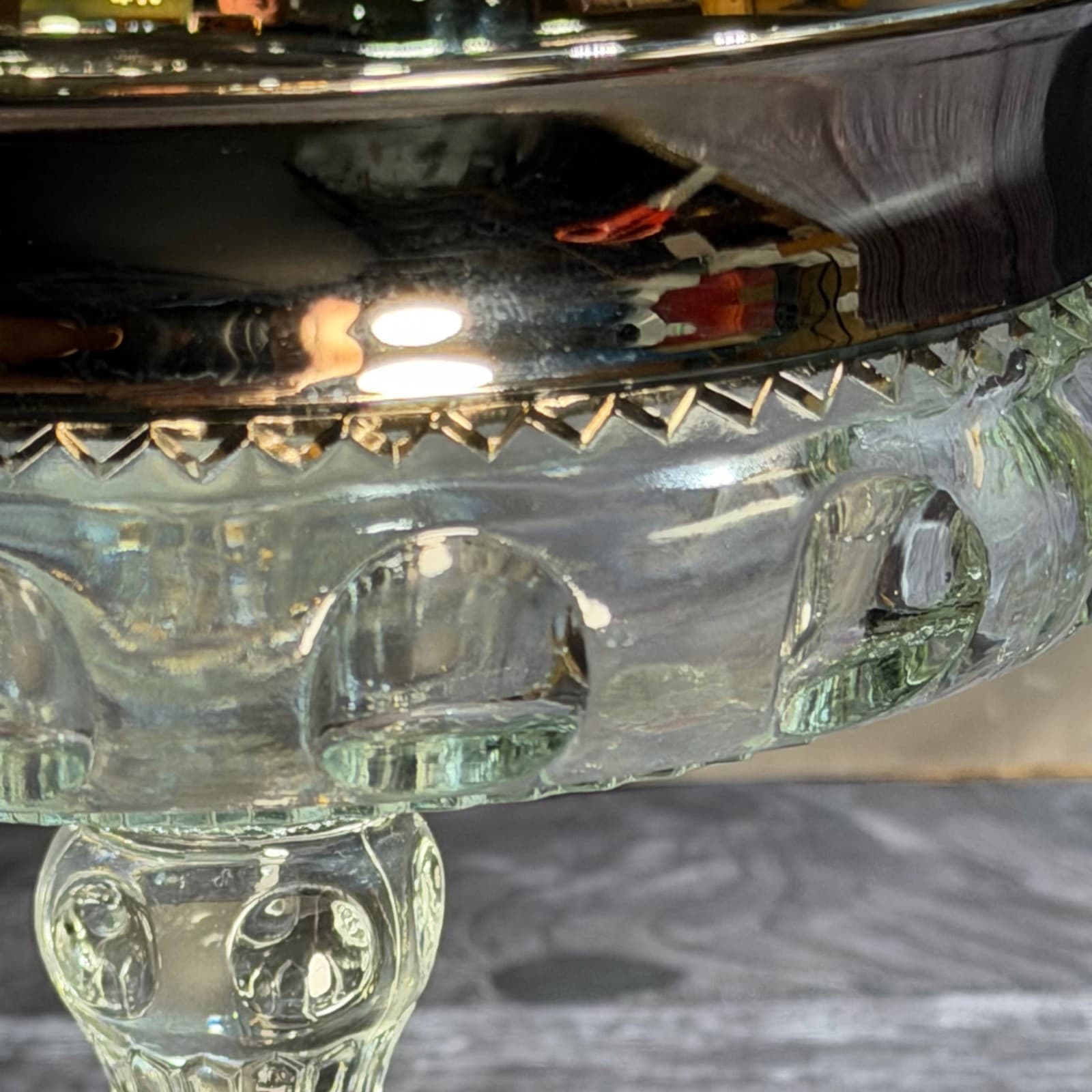 Vintage Indiana Glass Kings Crown Thumbprint Compote Silver Rim 7” Bowl - Thumbnail 5