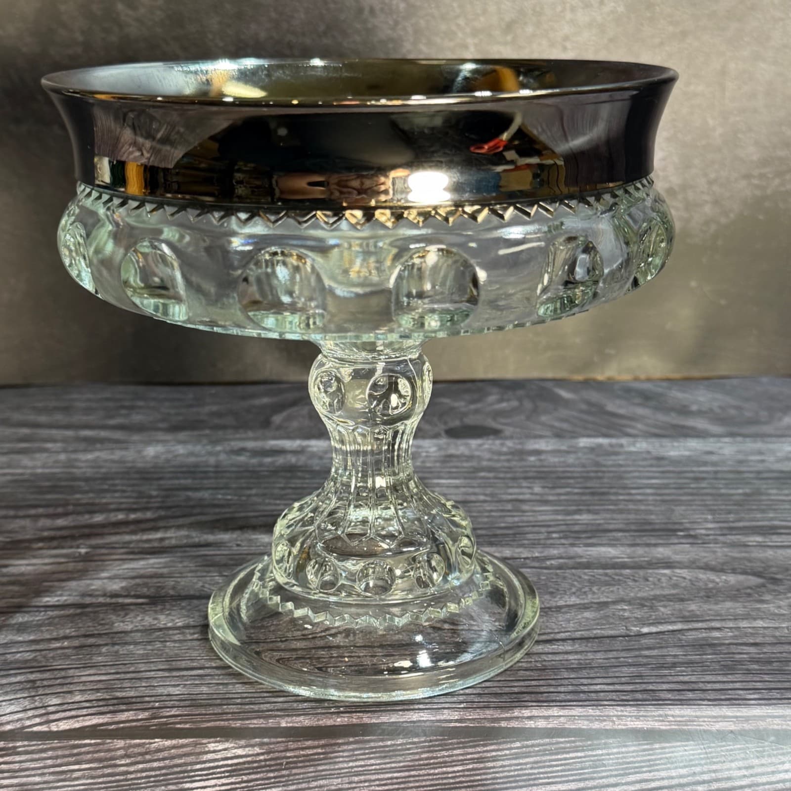 Vintage Indiana Glass Kings Crown Thumbprint Compote Silver Rim 7” Bowl