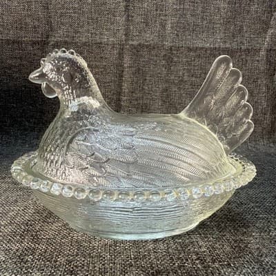 Vintage Indiana Clear Glass 7” Hen on Nest Covered Dish MCM Chipped HON - Thumbnail 6
