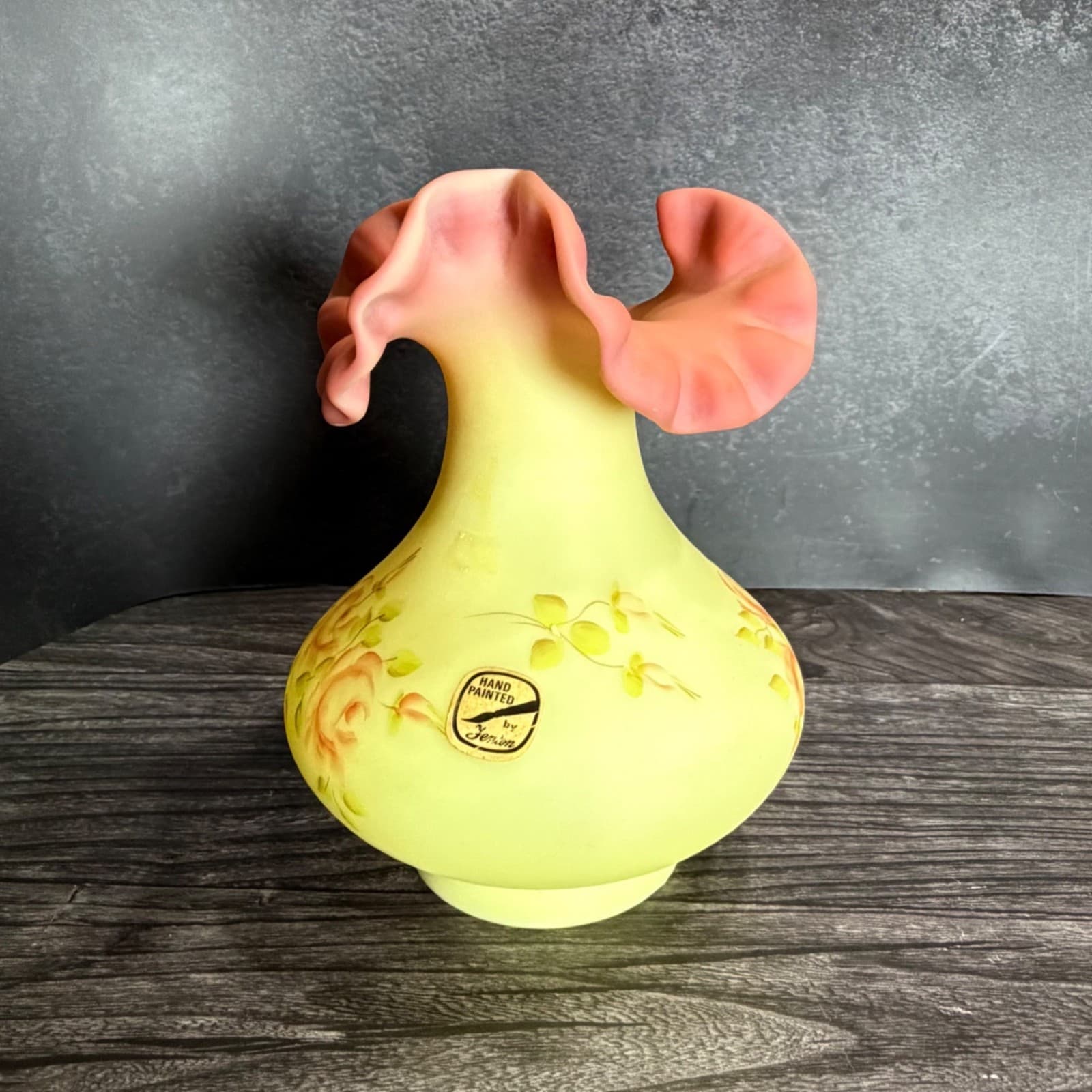 Fenton Hand Painted Burmese Satin Ruffled Vase With Pink Roses Signed By C Weihl - Thumbnail 10