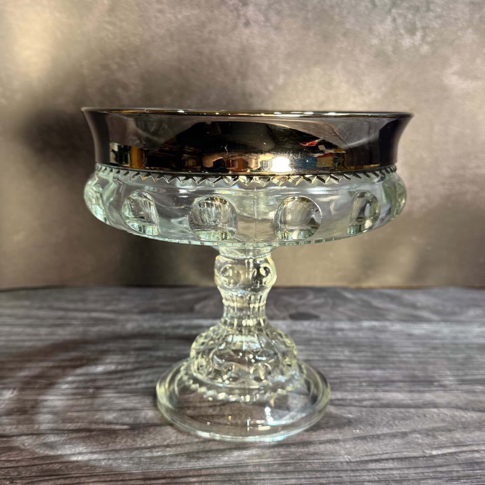 Vintage Indiana Glass Kings Crown Thumbprint Compote Silver Rim 7” Bowl - Thumbnail 3