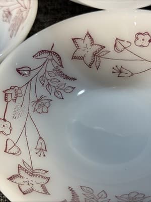 VTG Milk Glass Soup Cereal Bowls Burgundy Spree Floral Federal Glass Heat Proof - Thumbnail 2