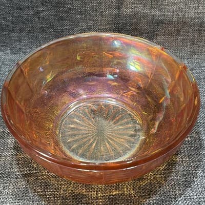 Vintage Carnival Glass 7.5" Iridescent Bowl Marigold Starburst Orange Beehive - Thumbnail 2