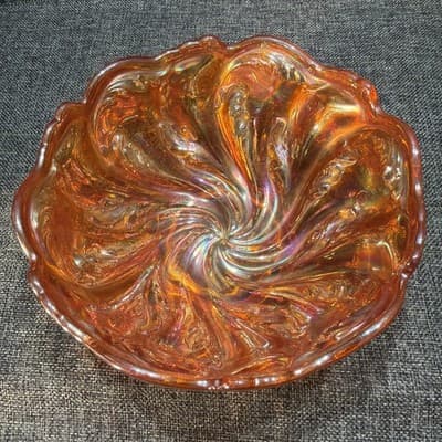 Imperial Marigold Carnival Glass Acanthus Round Bowl EAPG Swirl Early 1900’s - Thumbnail 2