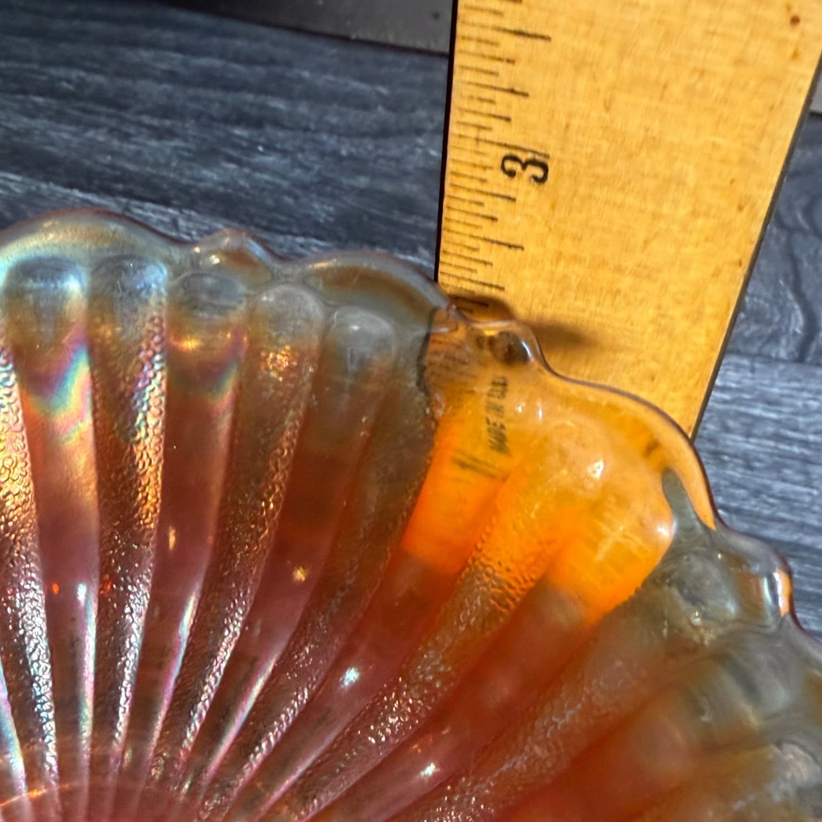 Fenton Stippled Rays Marigold Carnival Glass Bowl Scalloped Edge 5.75 Inches - Thumbnail 9