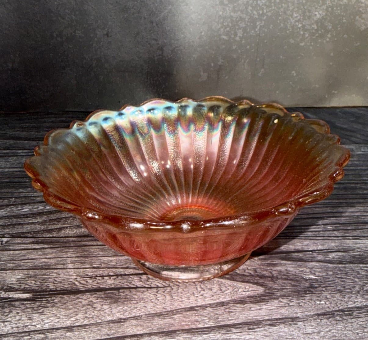 Fenton Stippled Rays Marigold Carnival Glass Bowl Scalloped Edge 5.75 Inches - Thumbnail 2