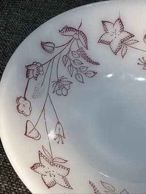 VTG Milk Glass Soup Cereal Bowls Burgundy Spree Floral Federal Glass Heat Proof - Thumbnail 4