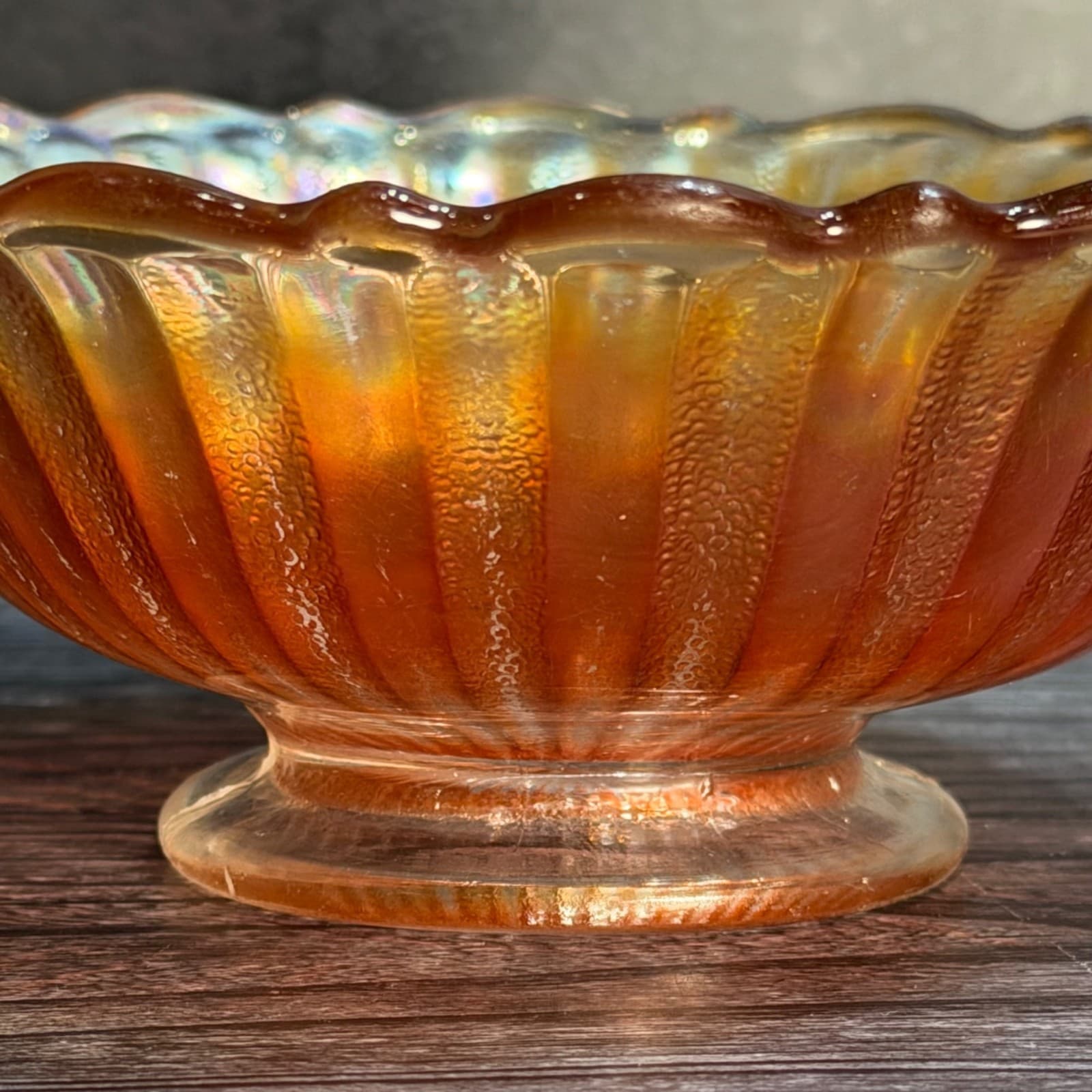 Fenton Stippled Rays Marigold Carnival Glass Bowl Scalloped Edge 5.75 Inches - Thumbnail 6