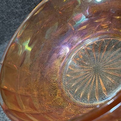 Vintage Carnival Glass 7.5" Iridescent Bowl Marigold Starburst Orange Beehive - Thumbnail 3