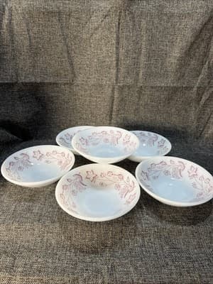 VTG Milk Glass Soup Cereal Bowls Burgundy Spree Floral Federal Glass Heat Proof - Thumbnail 3