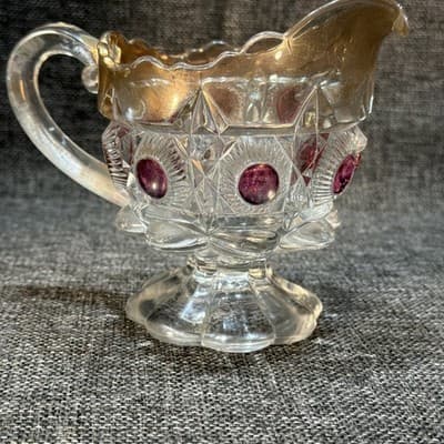 U S Glass Cranberry Flash Star Newport Bullseye And Daisy Creamer Dish 1905 - Thumbnail 10