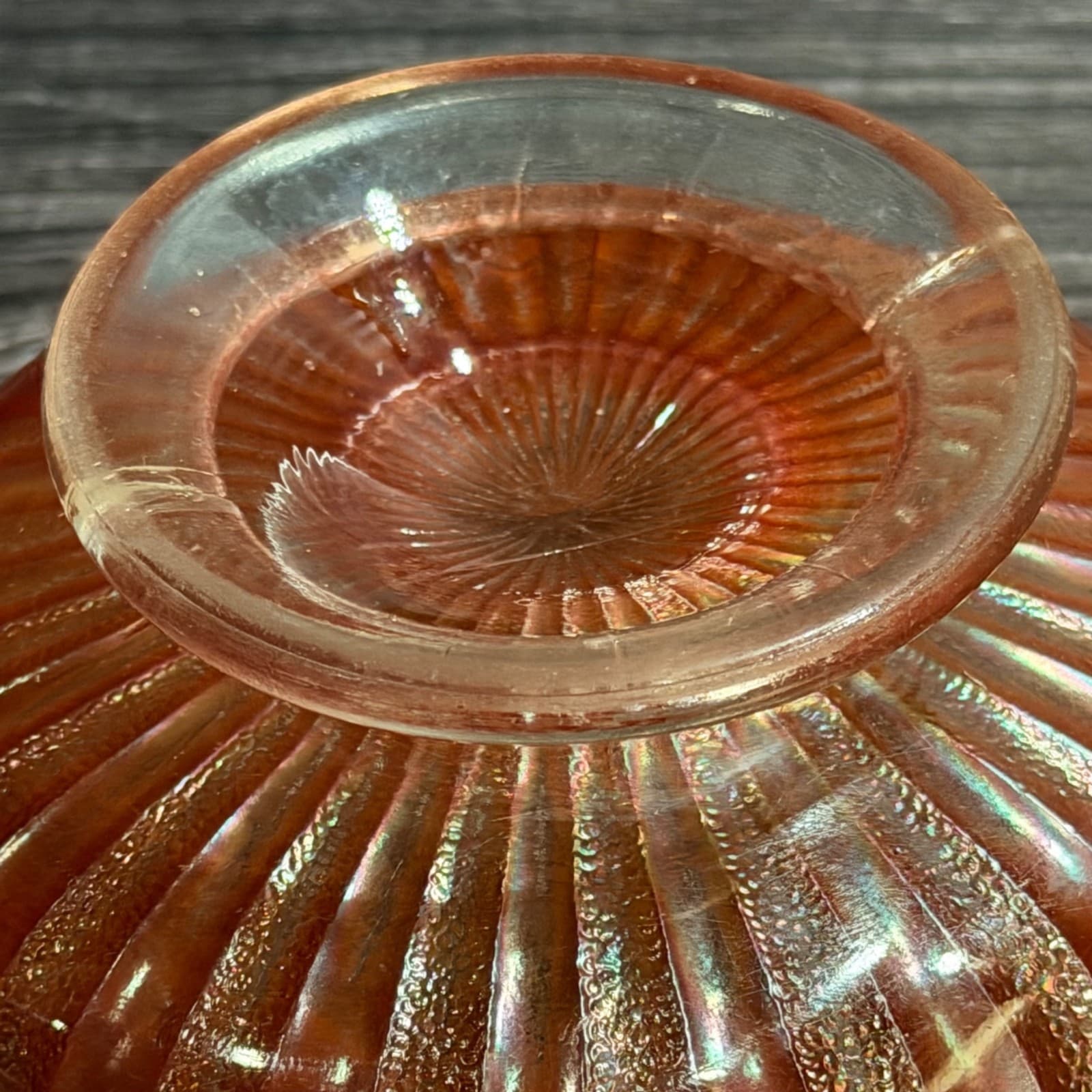 Fenton Stippled Rays Marigold Carnival Glass Bowl Scalloped Edge 5.75 Inches - Thumbnail 8