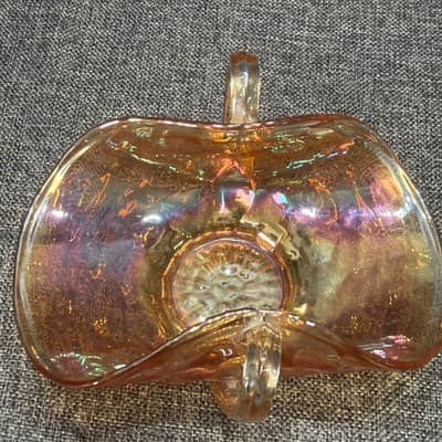 Fenton Vintage Honeycomb Clover Marigold Carnival Glass Bon Bon Dish Handles - Thumbnail 10