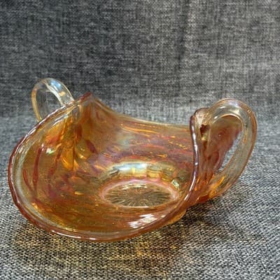 Fenton Vintage Honeycomb Clover Marigold Carnival Glass Bon Bon Dish Handles - Thumbnail 7