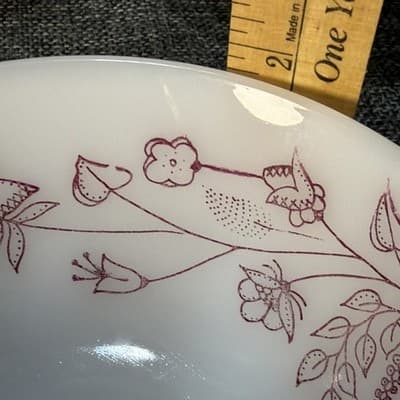 VTG Milk Glass Soup Cereal Bowls Burgundy Spree Floral Federal Glass Heat Proof - Thumbnail 9
