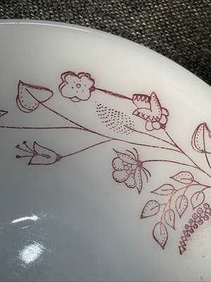 VTG Milk Glass Soup Cereal Bowls Burgundy Spree Floral Federal Glass Heat Proof - Thumbnail 7
