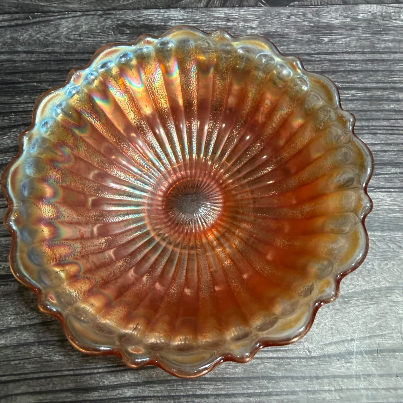 Fenton Stippled Rays Marigold Carnival Glass Bowl Scalloped Edge 5.75 Inches - Thumbnail 3