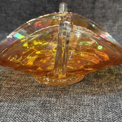 Fenton Vintage Honeycomb Clover Marigold Carnival Glass Bon Bon Dish Handles - Thumbnail 8