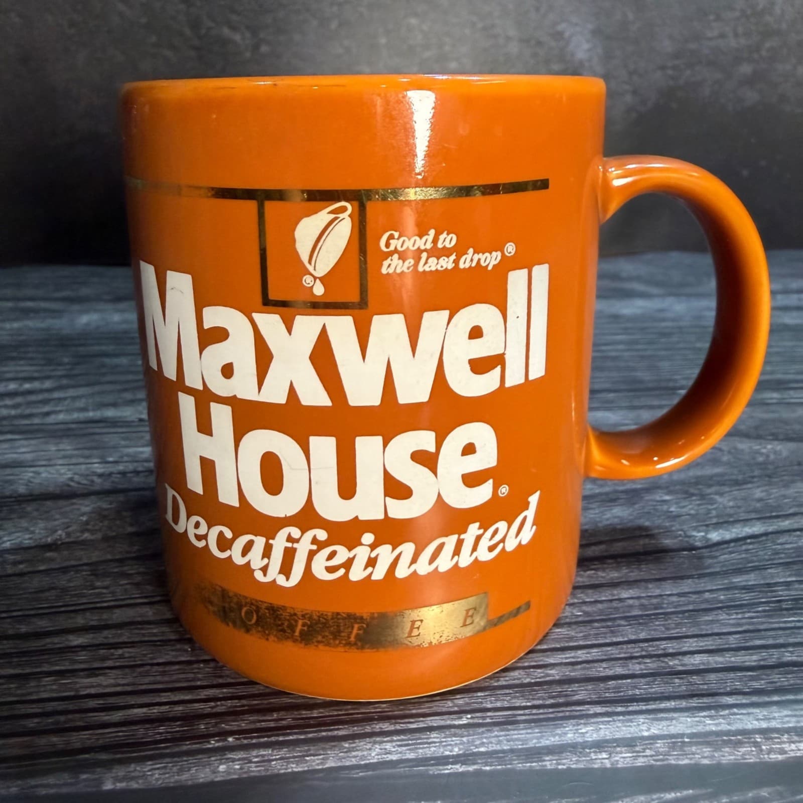 Vintage 1980s Maxwell House Decaffeinated Coffee Mug Orange Ceramic 12oz Adverti