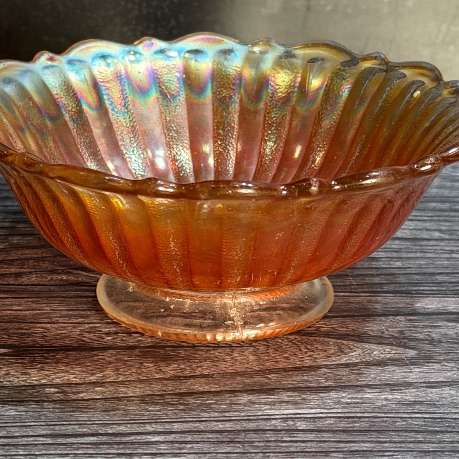Fenton Stippled Rays Marigold Carnival Glass Bowl Scalloped Edge 5.75 Inches - Thumbnail 5