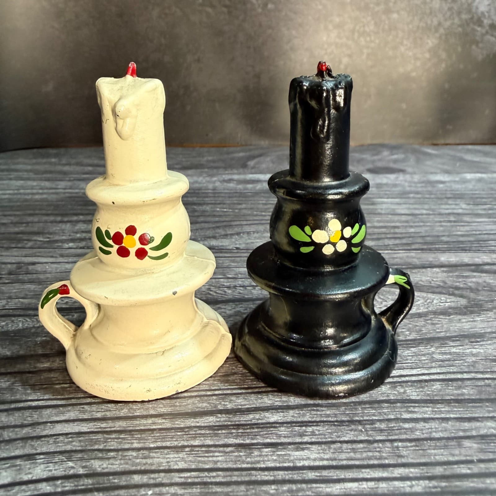 VTG Cast Metal Country Candle Salt & Pepper Shakers Hand-Painted Floral Rustic