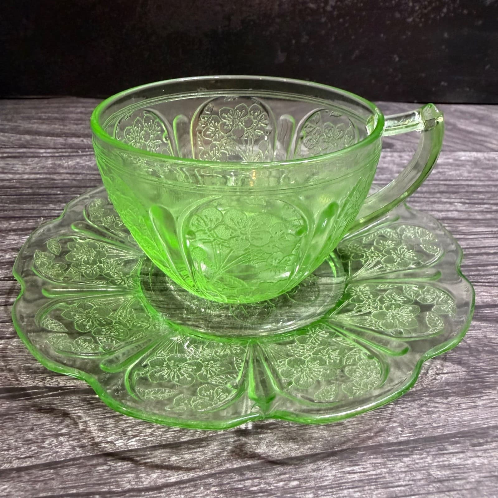 Jeannette Glass Green Depression Glass Teacup & Saucer Set Cherry Blossom Patter - Thumbnail 2