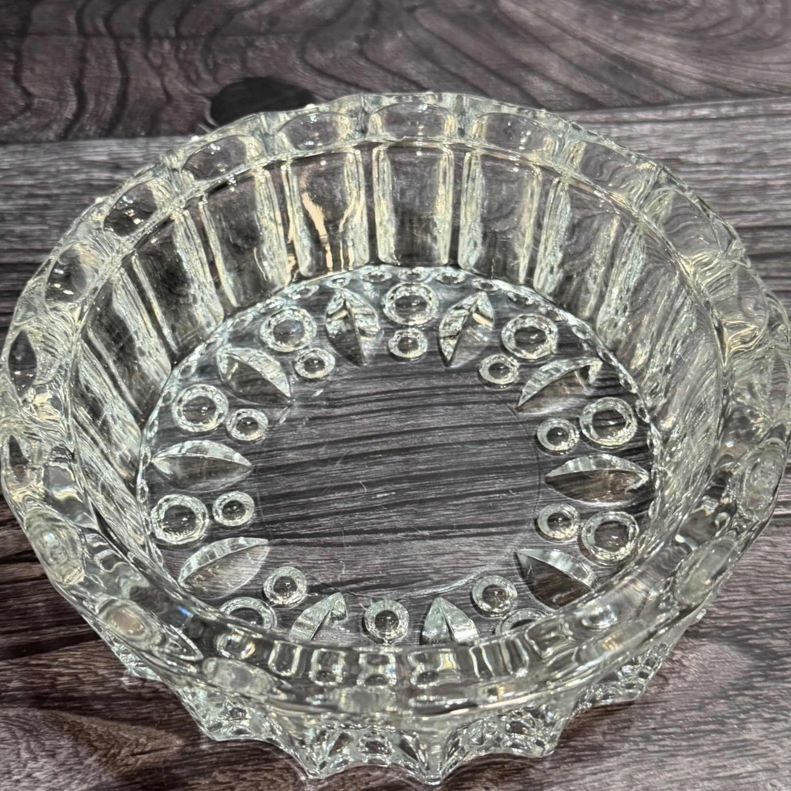 Vintage Clear Pressed Glass Ashtray Trinket Dishes Set Of 2 Floral Design Heavy - Thumbnail 2