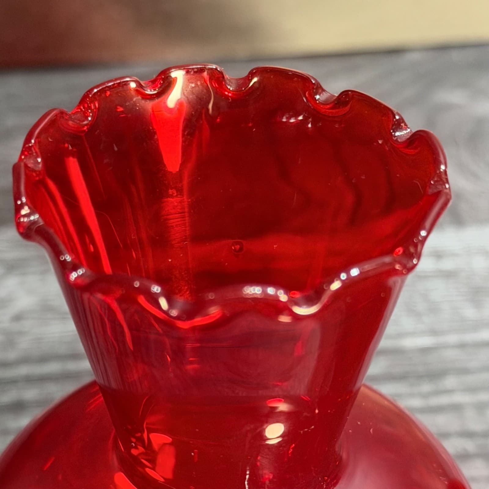 Pair VTG Ruby Red Glass Small Vases Ruffled Edge Elegant Mid-Century Style Blood - Thumbnail 6