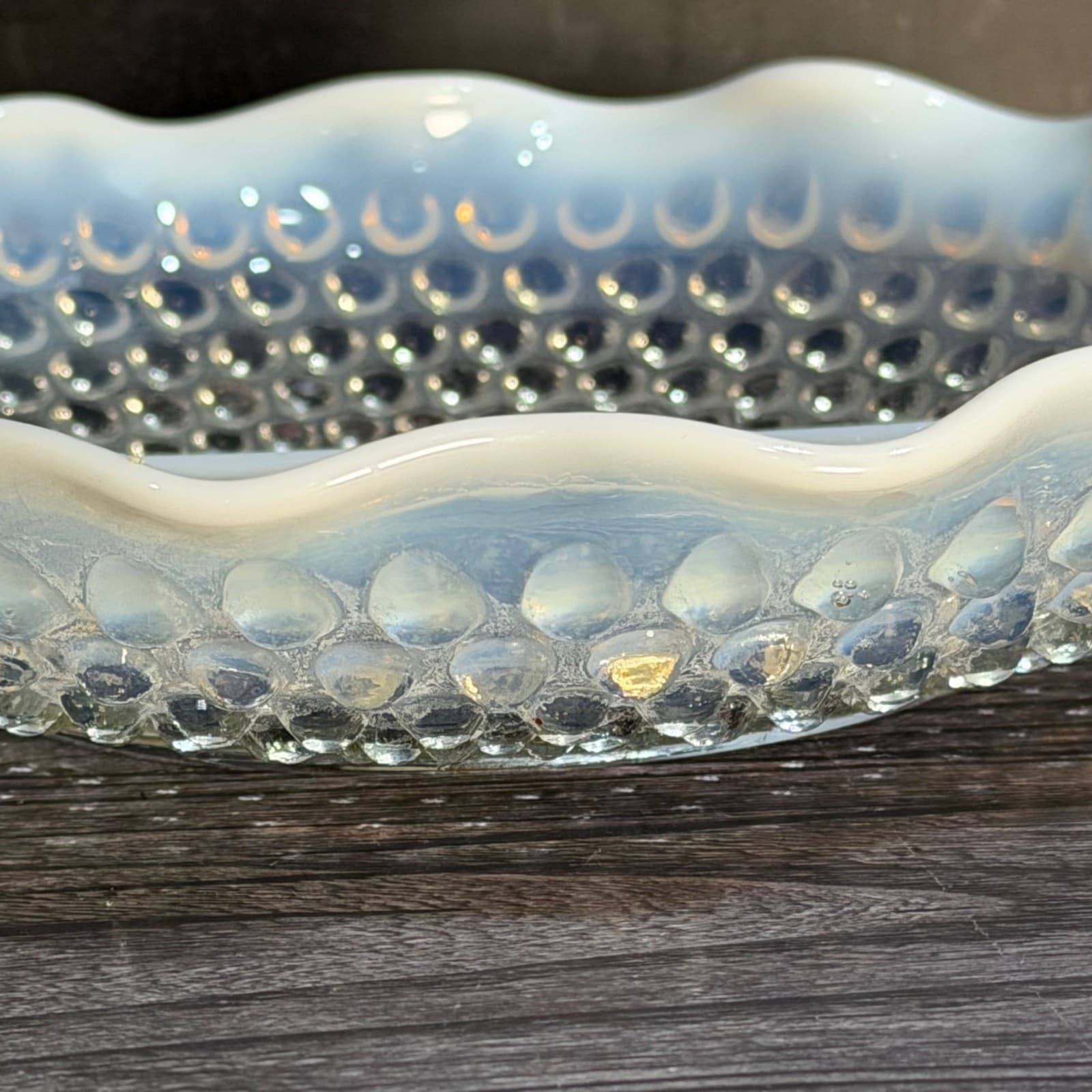 Vintage Relish Opalescent Hobnail Glass Divided Dish With Ruffled Edges - Thumbnail 4