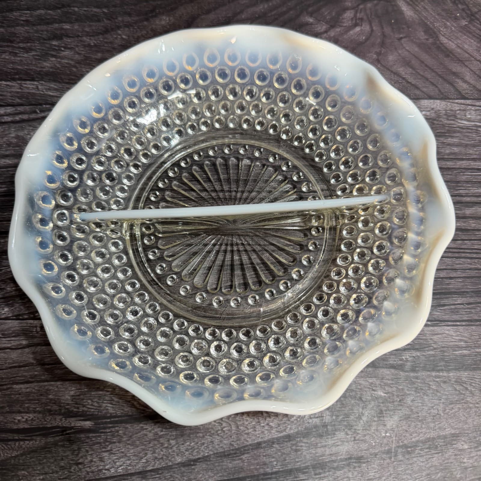 Vintage Relish Opalescent Hobnail Glass Divided Dish With Ruffled Edges