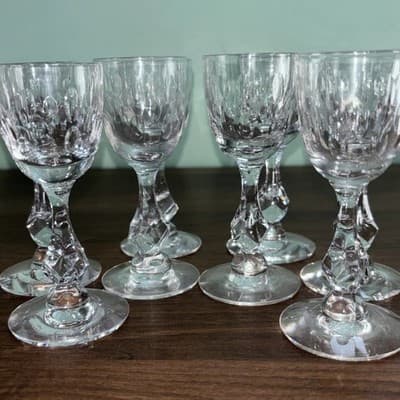 Set Of 8 Tiffin-Franciscan Stemmed Cordial Shot Glasses Oval Cut Glass MCM Bar