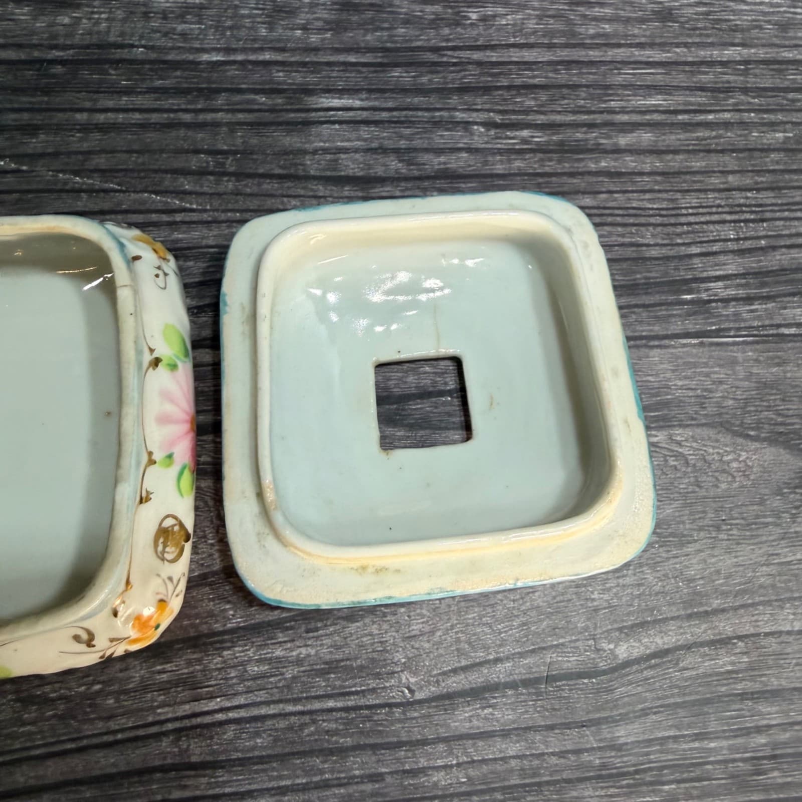 Hand-Painted Floral Ceramic Square Trinket Box With Lid Vintage Hair Keeper - Thumbnail 7