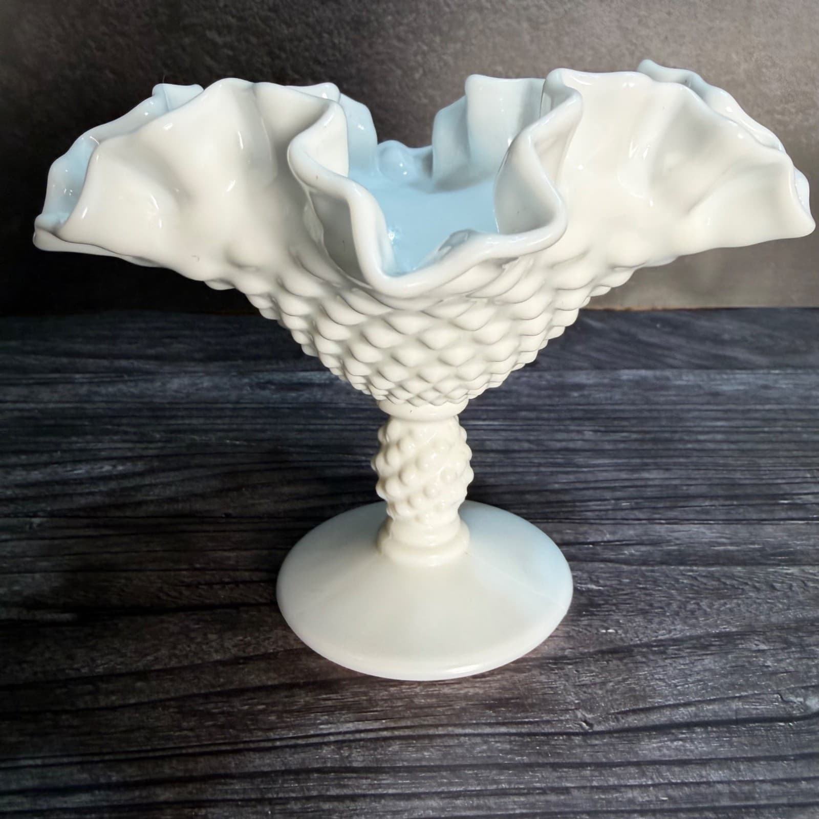 Vintage Milk Glass Hobnail Pedestal Bowl With Ruffled Edge White Décor
