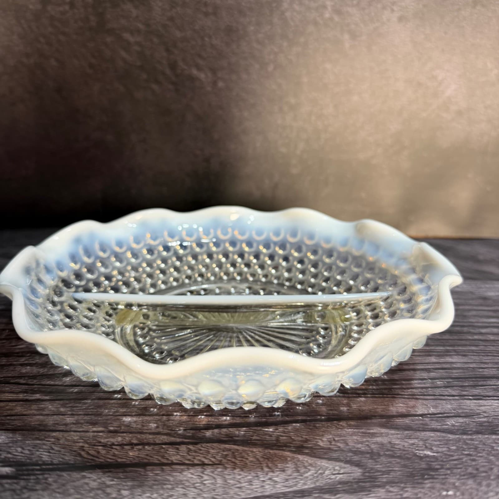 Vintage Relish Opalescent Hobnail Glass Divided Dish With Ruffled Edges - Thumbnail 2