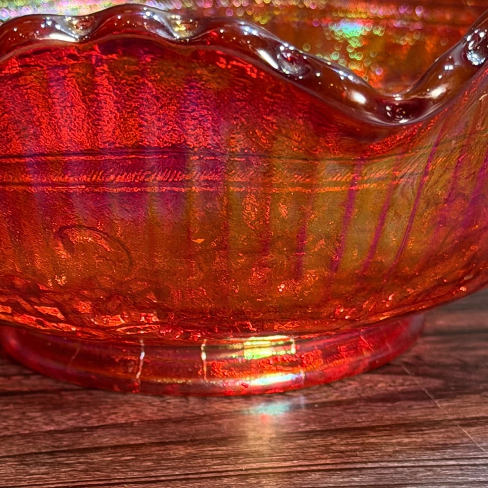 VTG L.E. SMITH Red Iridescent Windmill Design Carnival Glass Bowl 8"W Ruffle - Thumbnail 4