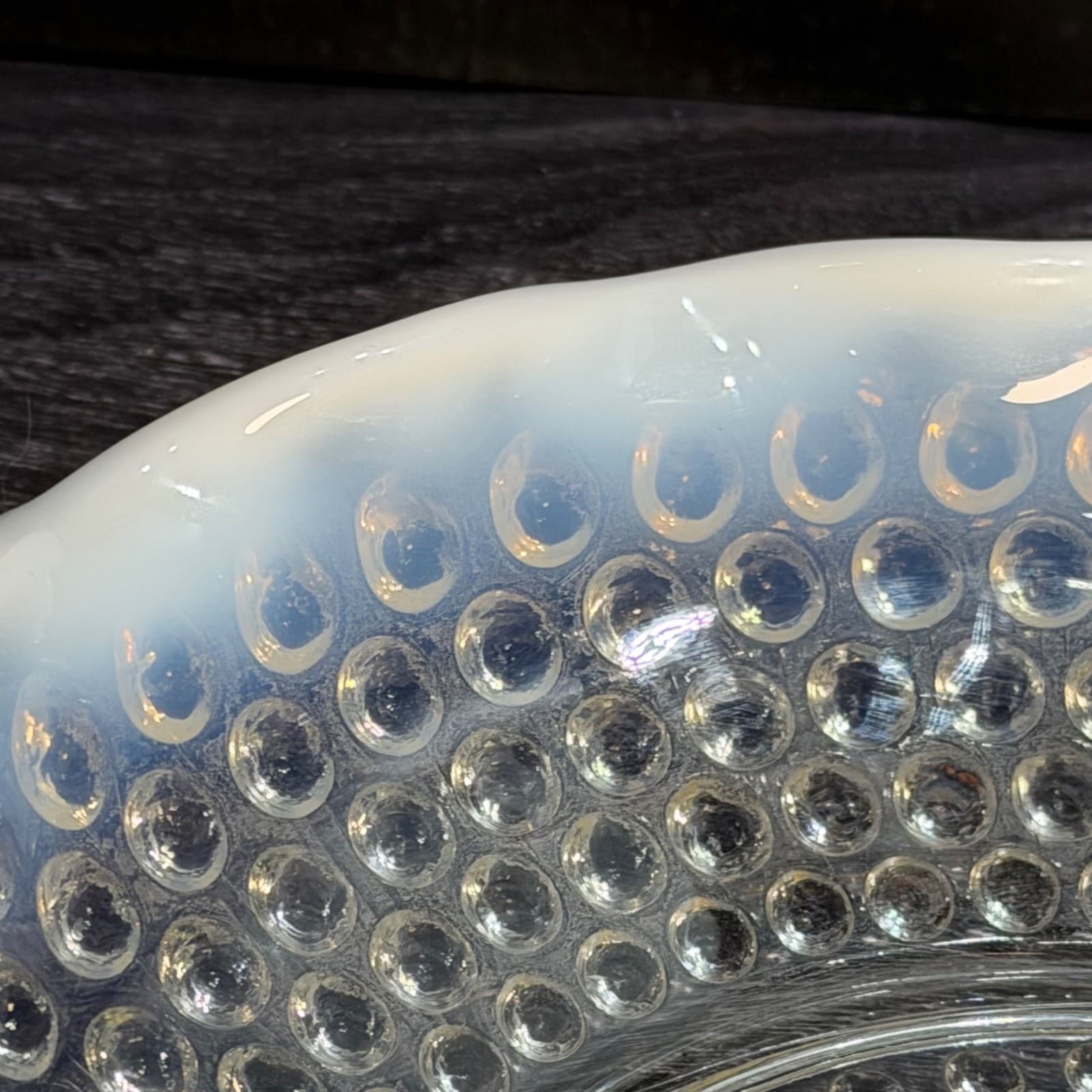 Vintage Relish Opalescent Hobnail Glass Divided Dish With Ruffled Edges - Thumbnail 5