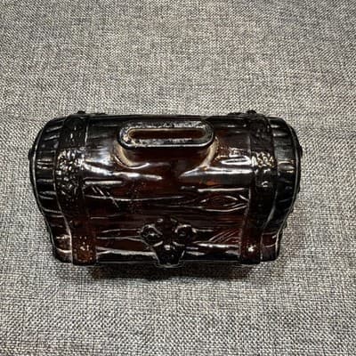 Vintage Glass Treasure Chest Bank Amber Brown Glass Piggy Bank Coin Pirate - Thumbnail 7