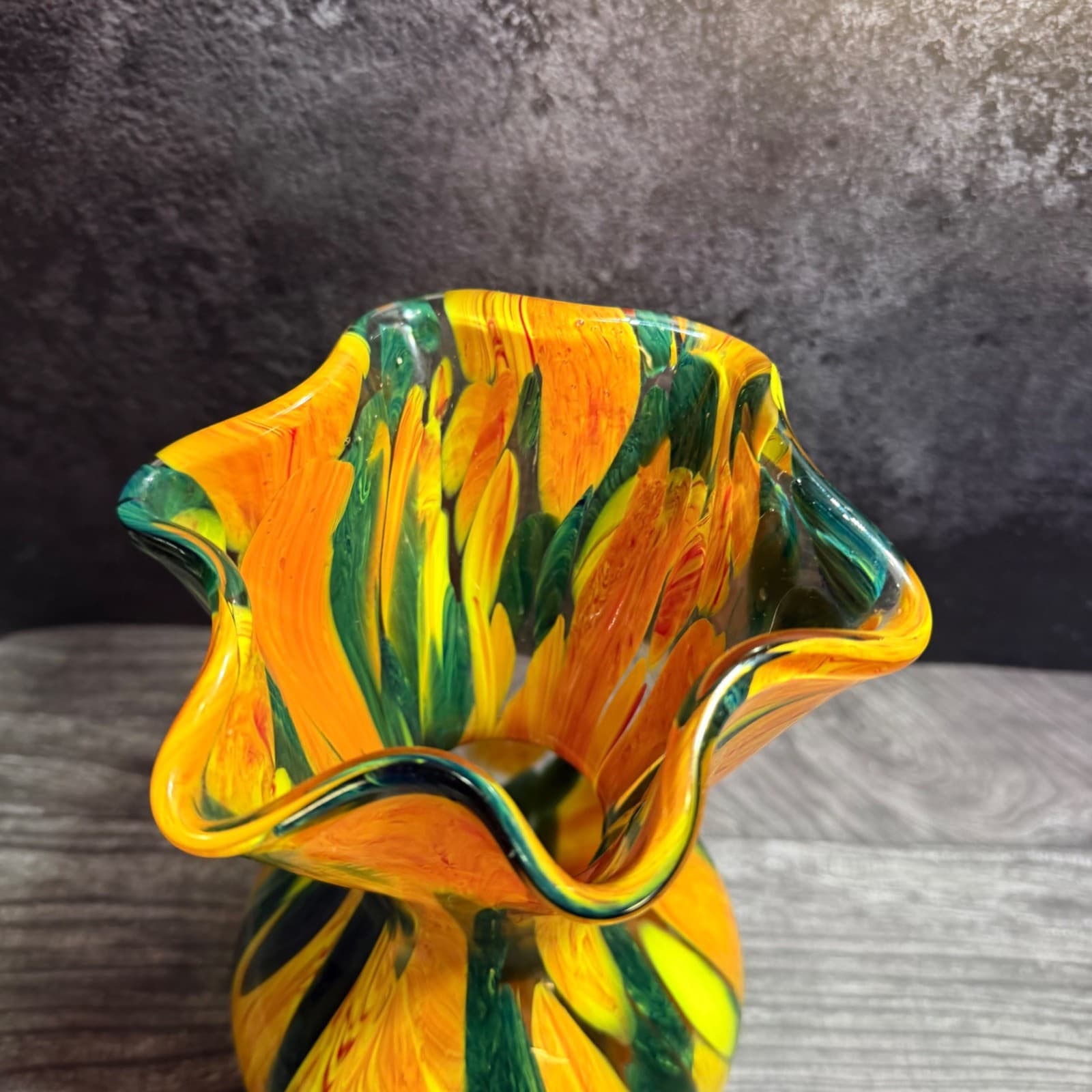 Hand Blown Swirled Art Glass 11.5" Vase Ruffled Edges Orange & Green Vintage - Thumbnail 2
