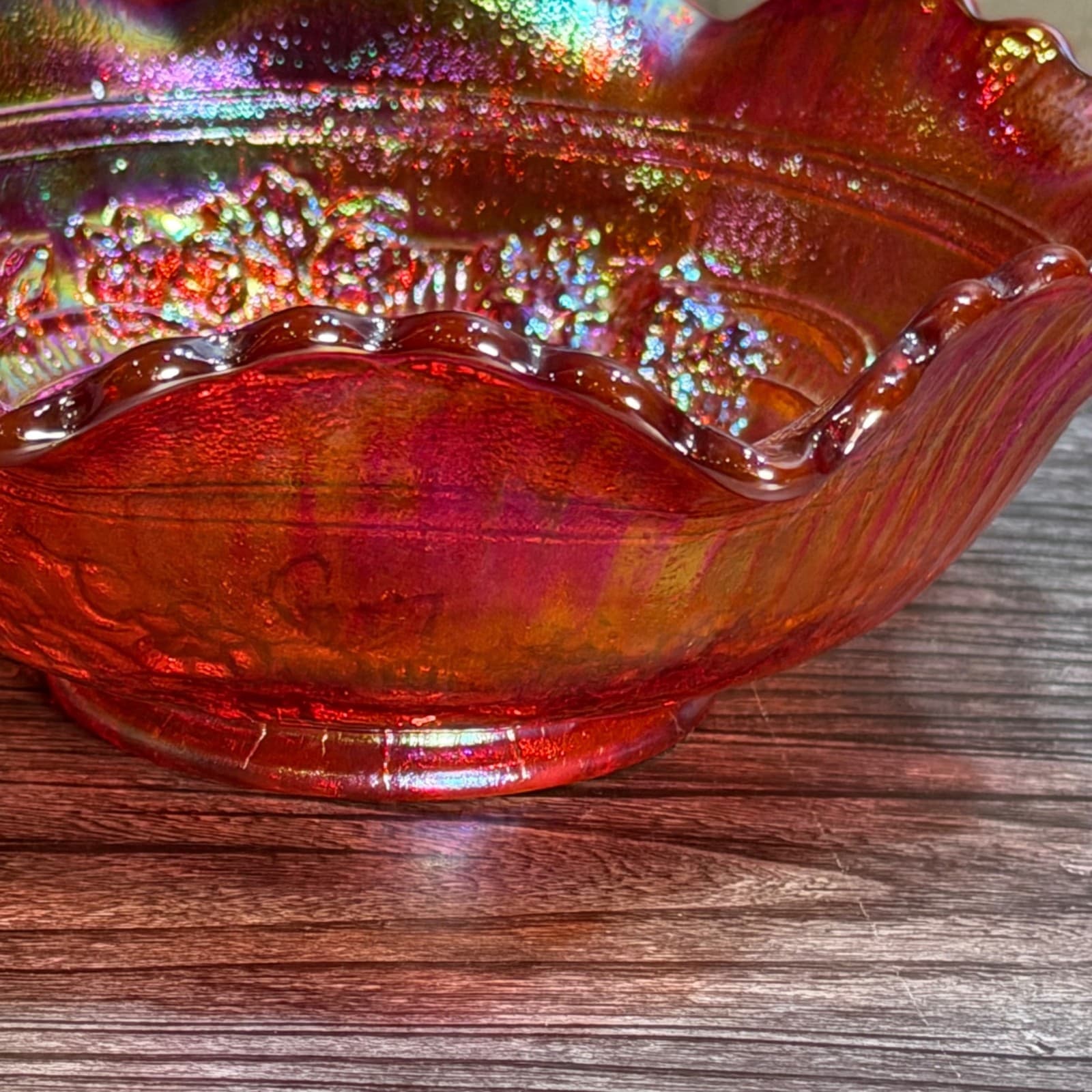 VTG L.E. SMITH Red Iridescent Windmill Design Carnival Glass Bowl 8"W Ruffle - Thumbnail 7