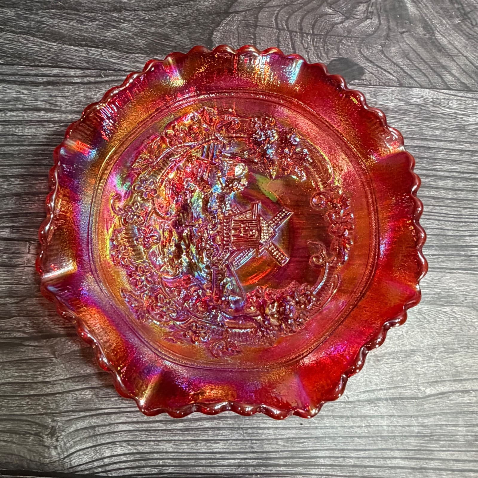 VTG L.E. SMITH Red Iridescent Windmill Design Carnival Glass Bowl 8"W Ruffle - Thumbnail 10