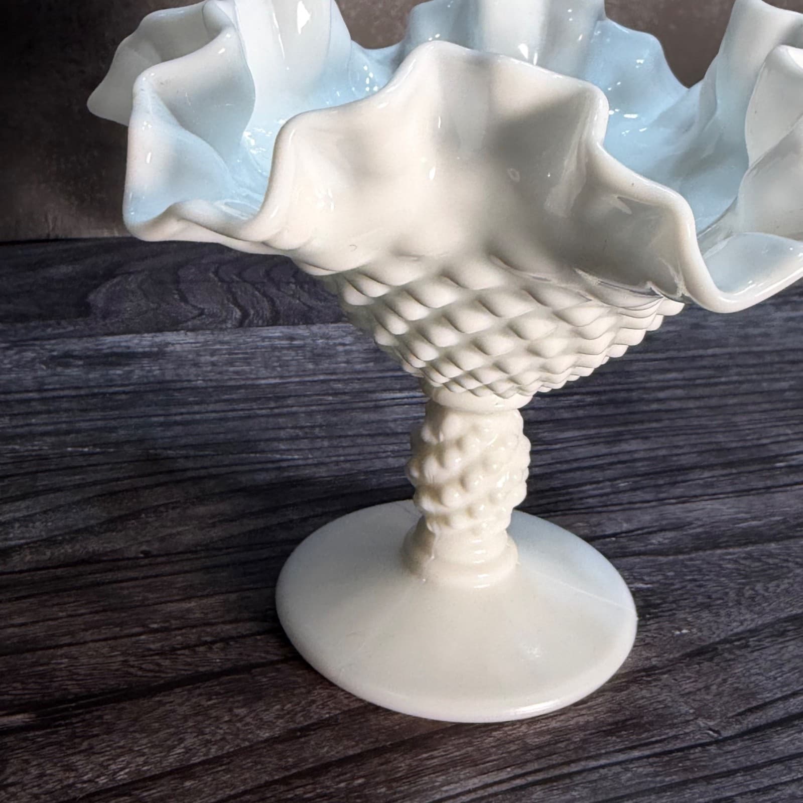 Vintage Milk Glass Hobnail Pedestal Bowl With Ruffled Edge White Décor - Thumbnail 8