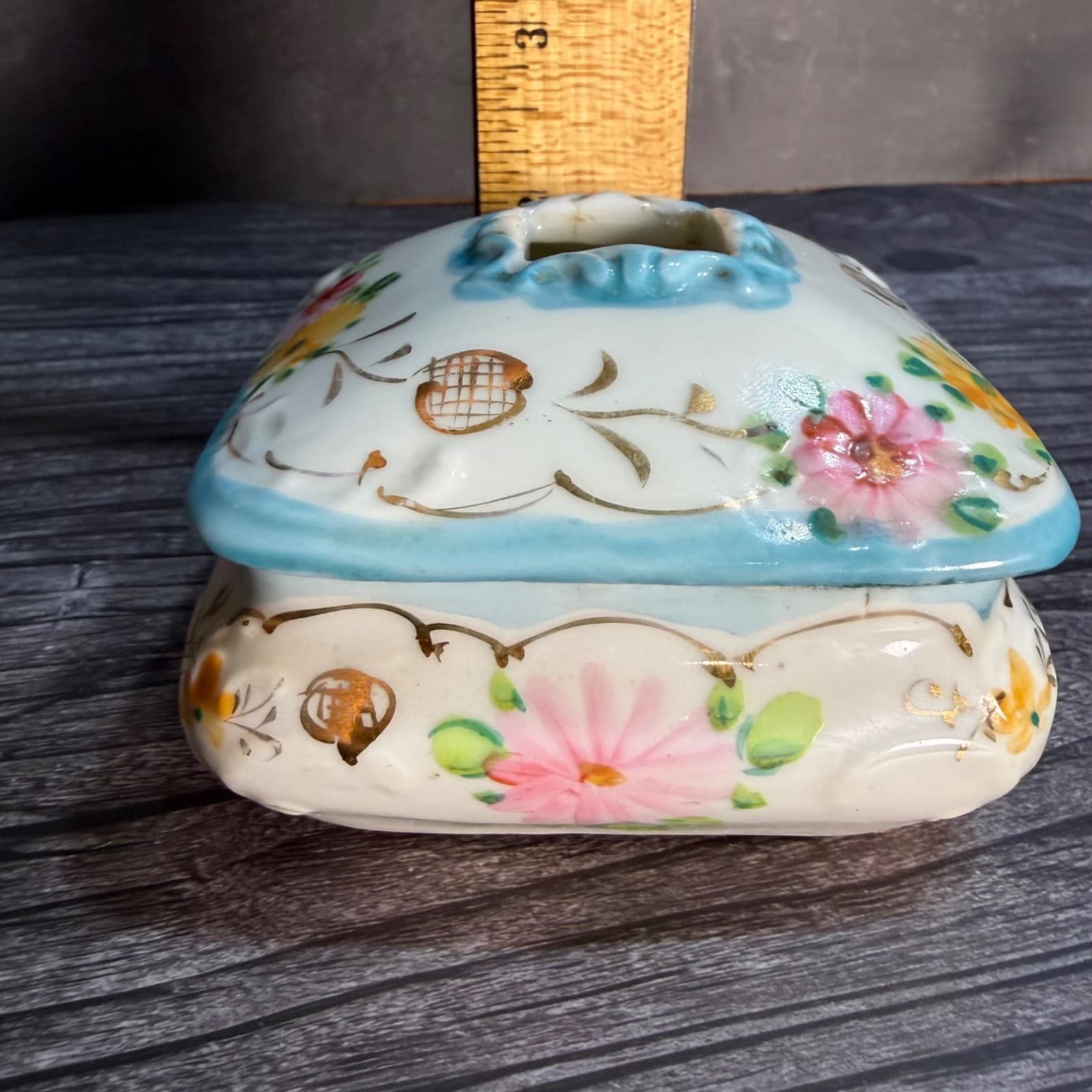 Hand-Painted Floral Ceramic Square Trinket Box With Lid Vintage Hair Keeper - Thumbnail 11