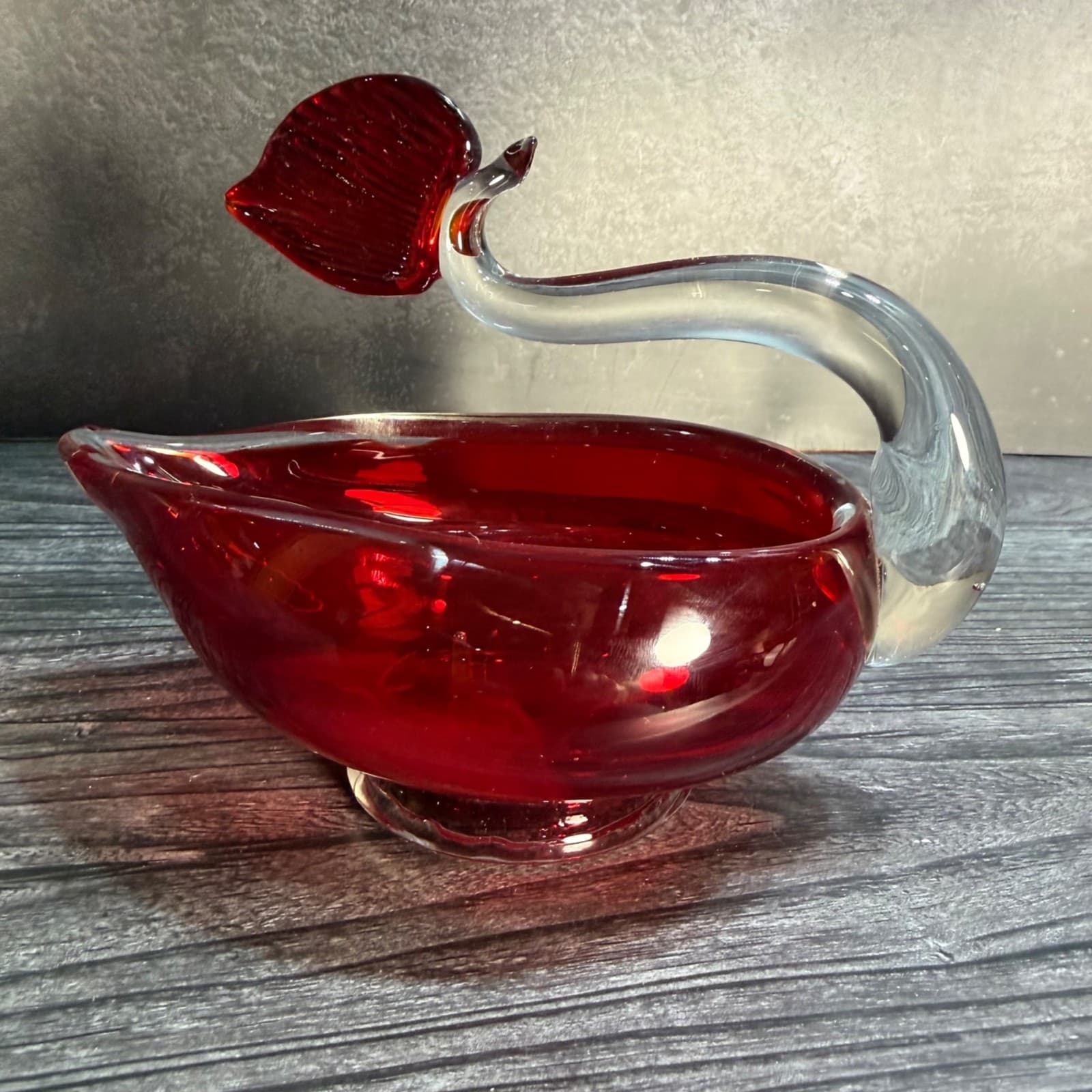 Vintage Hand Blown Glass Swan Dish Red & Clear Decorative Bowl Cigar Ashtray Art