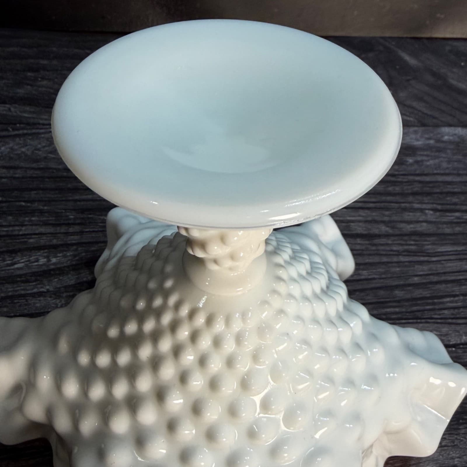 Vintage Milk Glass Hobnail Pedestal Bowl With Ruffled Edge White Décor - Thumbnail 6
