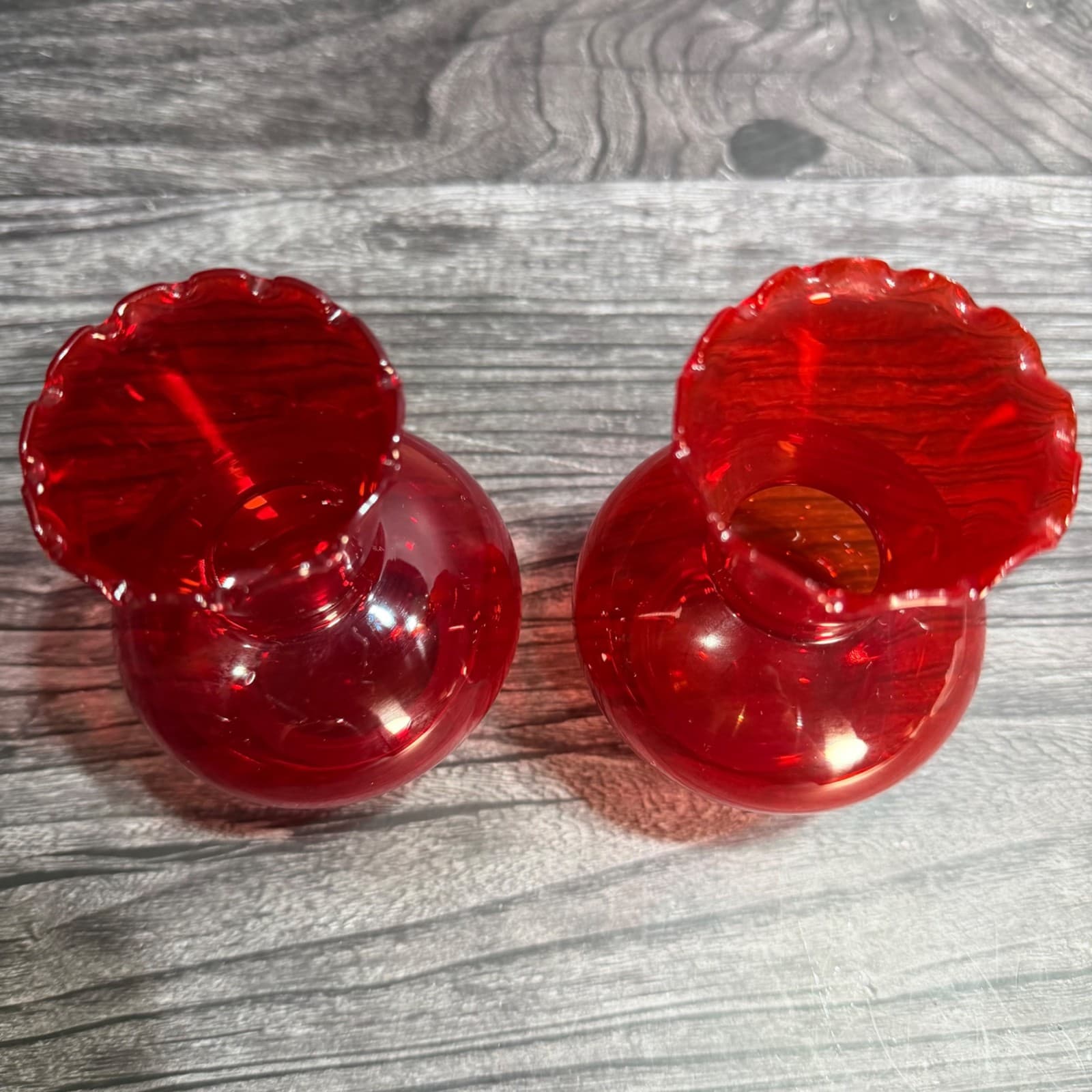 Pair VTG Ruby Red Glass Small Vases Ruffled Edge Elegant Mid-Century Style Blood - Thumbnail 2