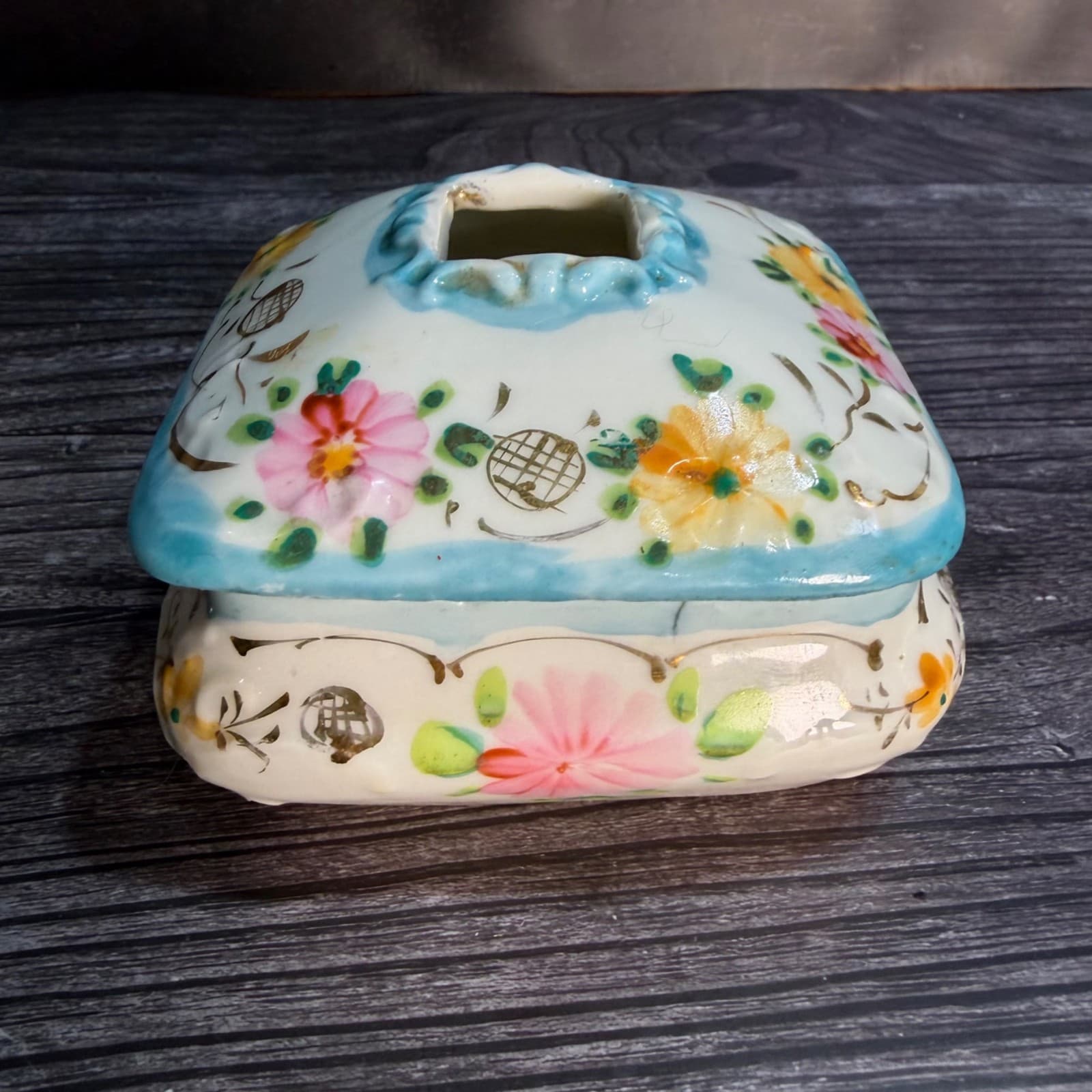 Hand-Painted Floral Ceramic Square Trinket Box With Lid Vintage Hair Keeper - Thumbnail 2