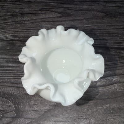 Vintage Milk Glass Bud Vase Planter Smooth Small Double Ruffled Edge Round Rose - Thumbnail 4