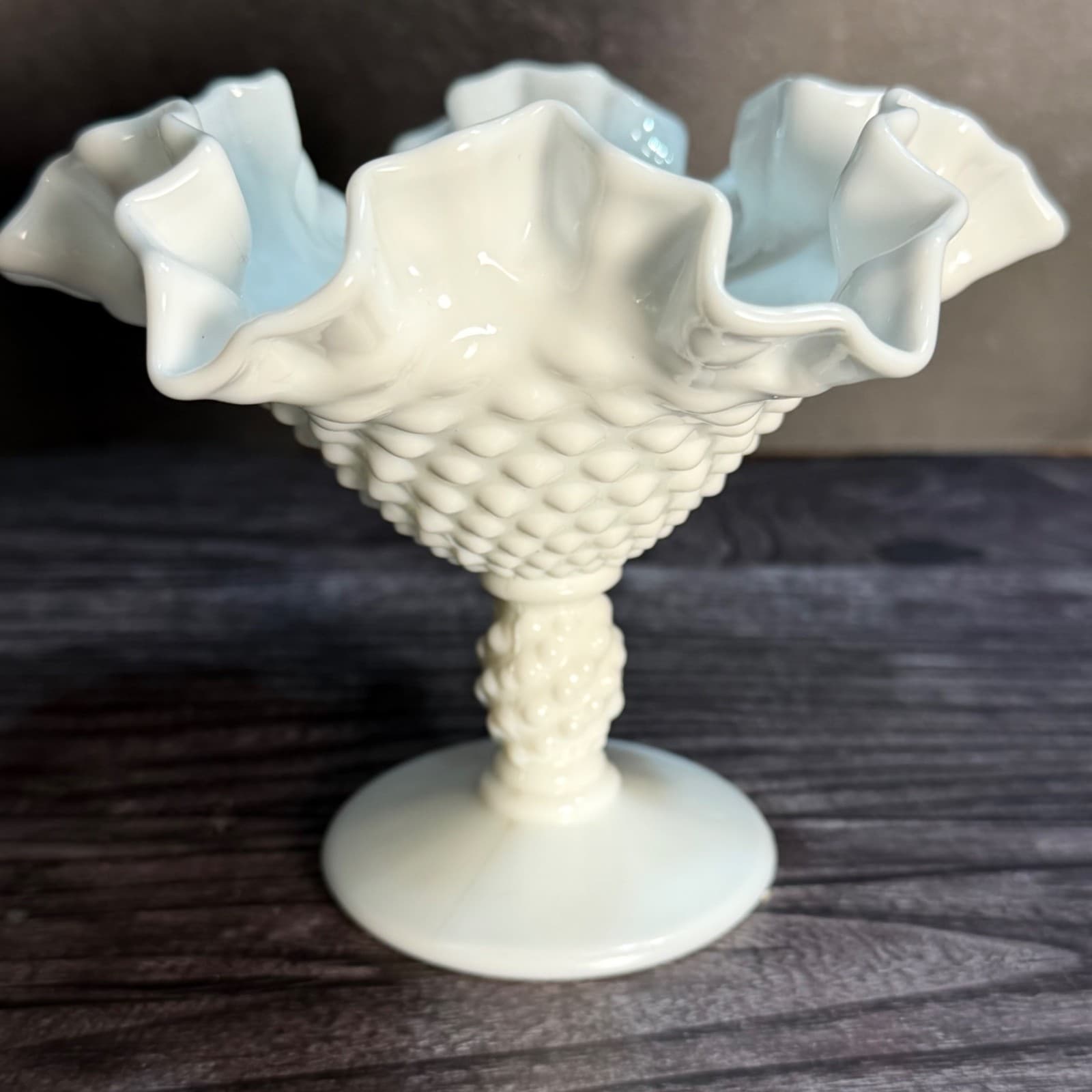 Vintage Milk Glass Hobnail Pedestal Bowl With Ruffled Edge White Décor - Thumbnail 7